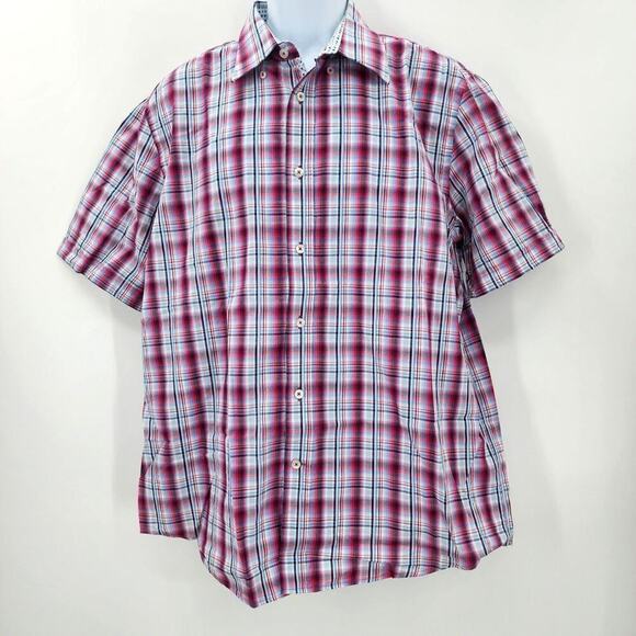 Report Collection Red Blue Plaid Stripe Button Down Short Sleeve Shirt XL - Picture 1 of 4